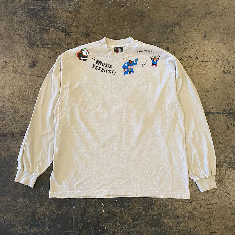 

Футболка из плотного чистого хлопка с длинным рукавом, с забавным принтом в стиле музыкального фестиваля с животными, удобная, дышащая