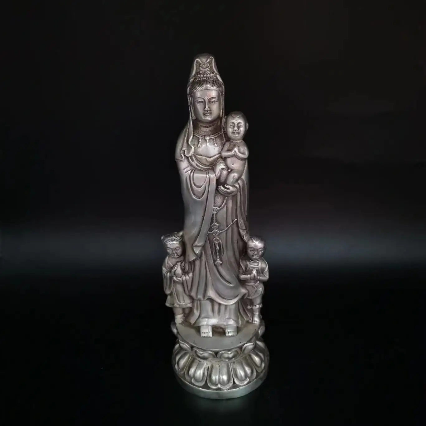 

Old Qing Dyansty Silver Parenting Avalokitesvara Statue,Free shipping