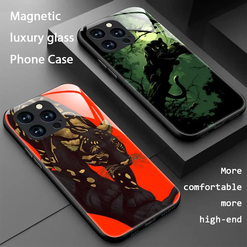 Чехол для телефона Ferocious Black Panther design для iPhone 16, 15, 14, 13, 12, 11 X XR XS 8 Plus Mini Pro Max, стеклянный магнитный чехол для телефона