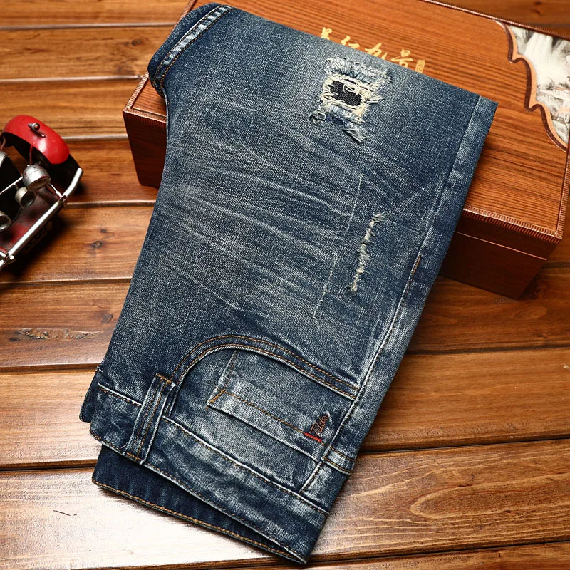 Calça jeans azul com patch e furo masculina, justa, elástica, casual, reta, nova moda, primavera e outono, 2024