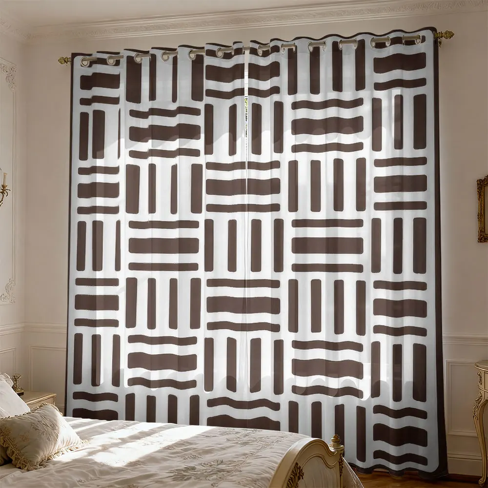 2pcs Brown White Geometric Line Spliced Print Curtains With Holes Double Sided For Living Room Bedroom Light Blocking Decor