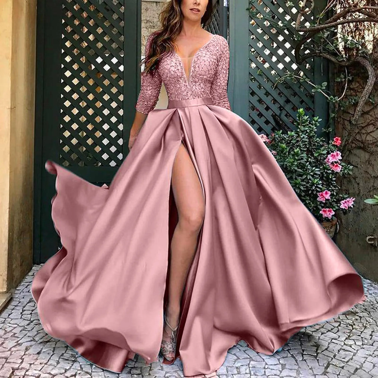 Robe de Soirée en Satin Froncée pour Femme, Grande Tenue Élégante à Cinq Points, Vêtement Maxi d'Été