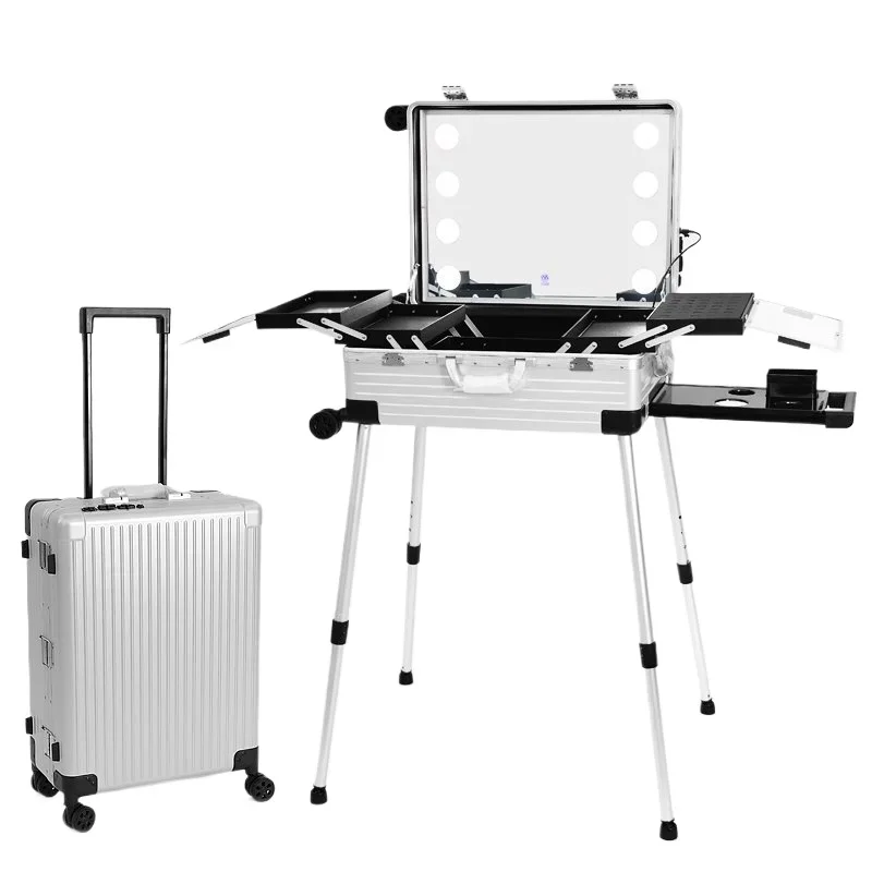 Makeup artist with lamp aluminum alloy PC large capacity tie rod follow-up case y