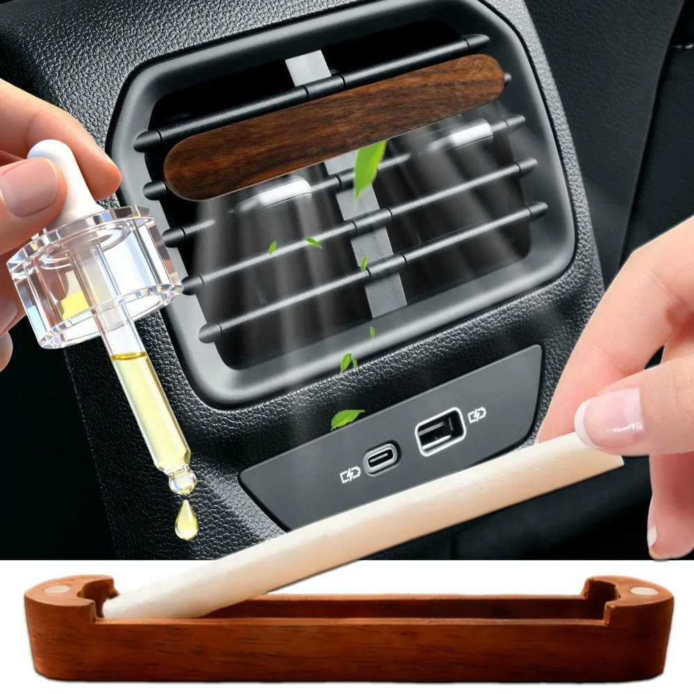 Difusor de aroma para carro, clipe de ventilação, óleo essencial de madeira, suporte de aromaterapia, saída de ar automática, ambientador de perfume com difusor de fibra