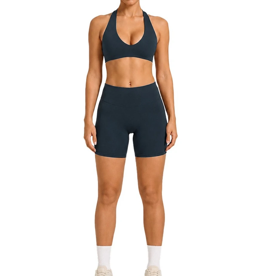 Women 2‑Piece Workout Set Halter U‑Neck Sports Bra High Waist Biker Shorts Butt Lifting Seamless Yoga Gym Fitness Activewear