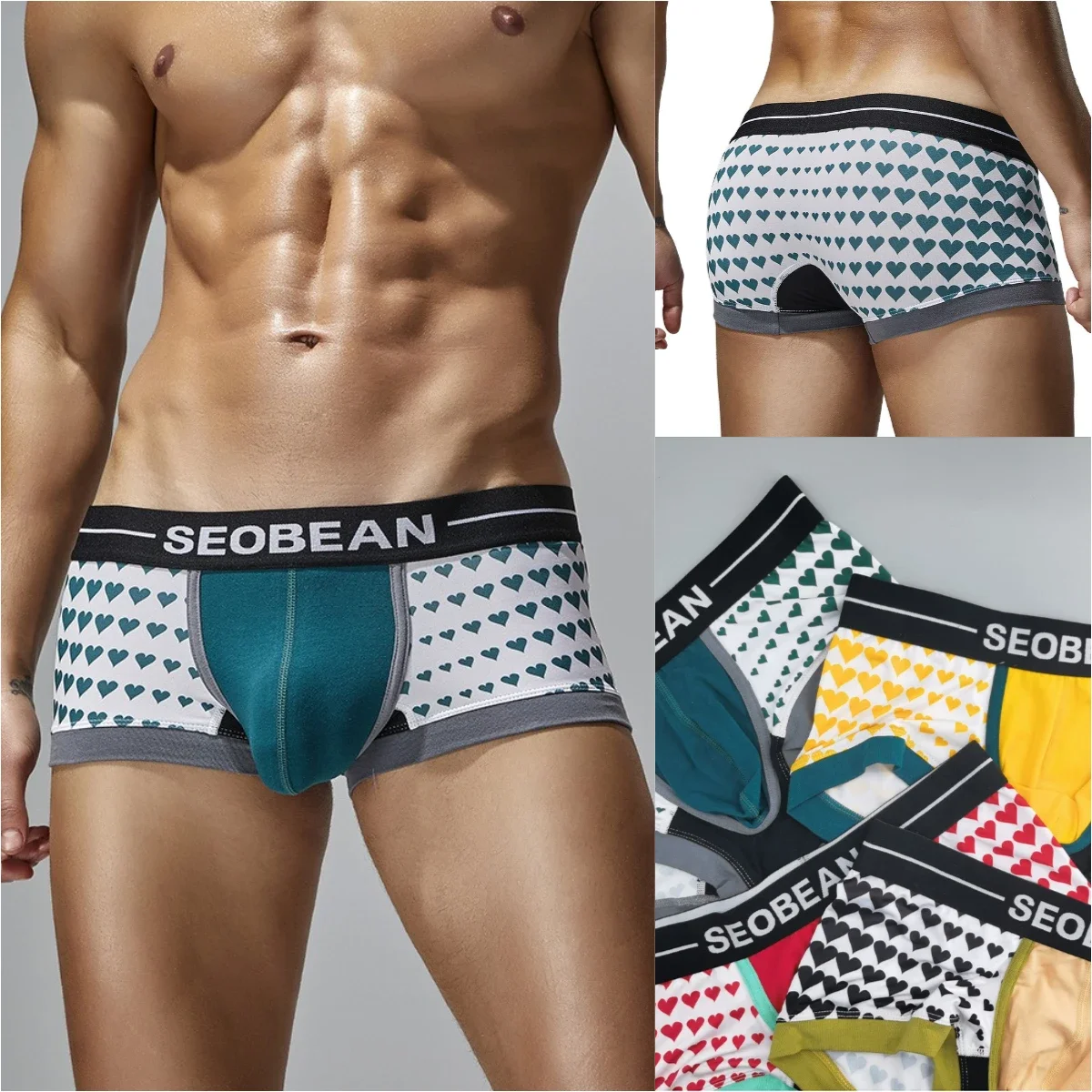 SEOBEAN Sexy Men's Ice Silk Boxer Shorts Low Waist Trendy Wave Point Heart Print Men Breathable Square Leg Four Corner Underwear