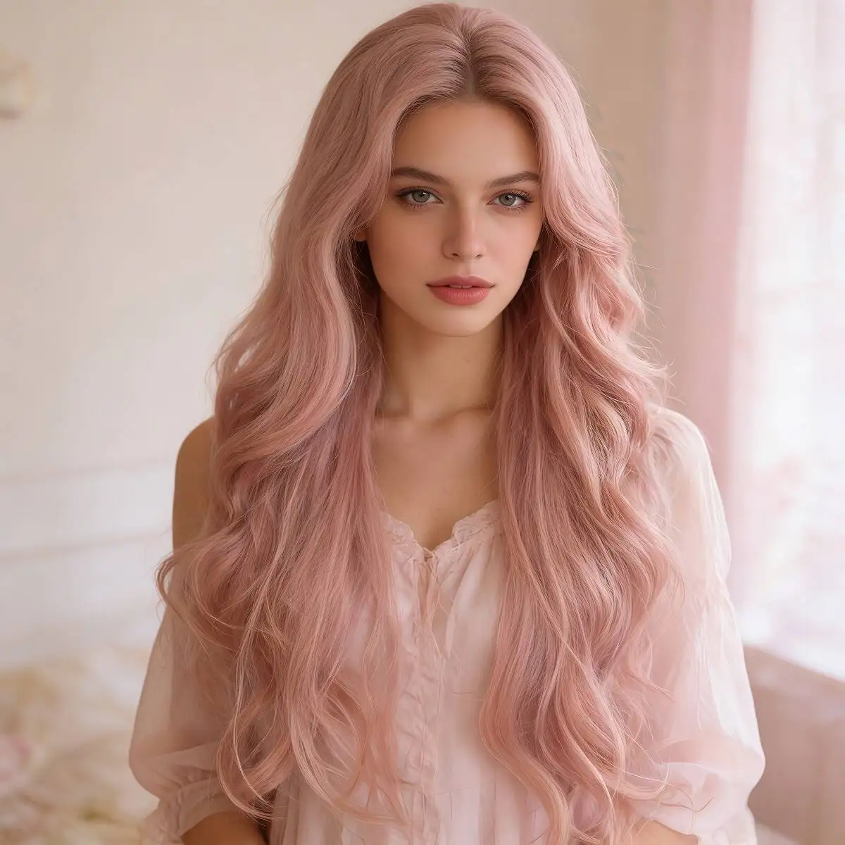 Pastel Pink Long Wavy Wig Synthetic Hair Frame Bangs Sweet Anime Cosplay Halloween Birthday Costume Party Full Wigs for Women