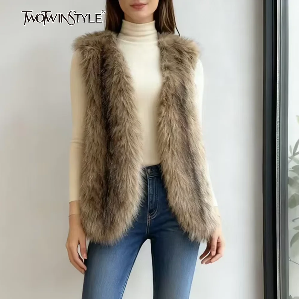 TWOTWINSTYLE Temperament Fake Fox Fur Waistcoat for Women O Neck Sleeveless Loose Basics Fashionable Cardigans Female Autumn New