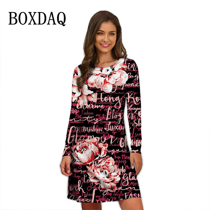 2022 New Fashion Street Wear Letter Flower Print Dresses Women Long Sleeve Hip Hop Dress Casual O-Neck Loose Oversized Clothing