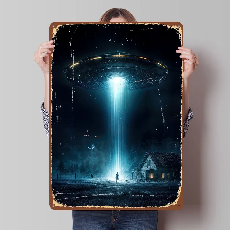 UFO-Abduktionsszene Poster Individualisierte Wandkunst Vintage Metallschilder Retro Blechschild für Männerhöhle Spielzimmer Dekoration Gemütlich