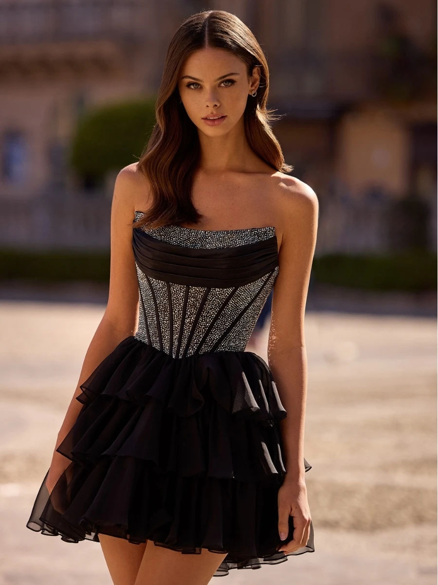 Rhinestone Strapless Corset Mini Dress Criss Cross Lace Up Back Multi Layer Ruffle Tulle Skirt Homecoming Cocktail Party Dress