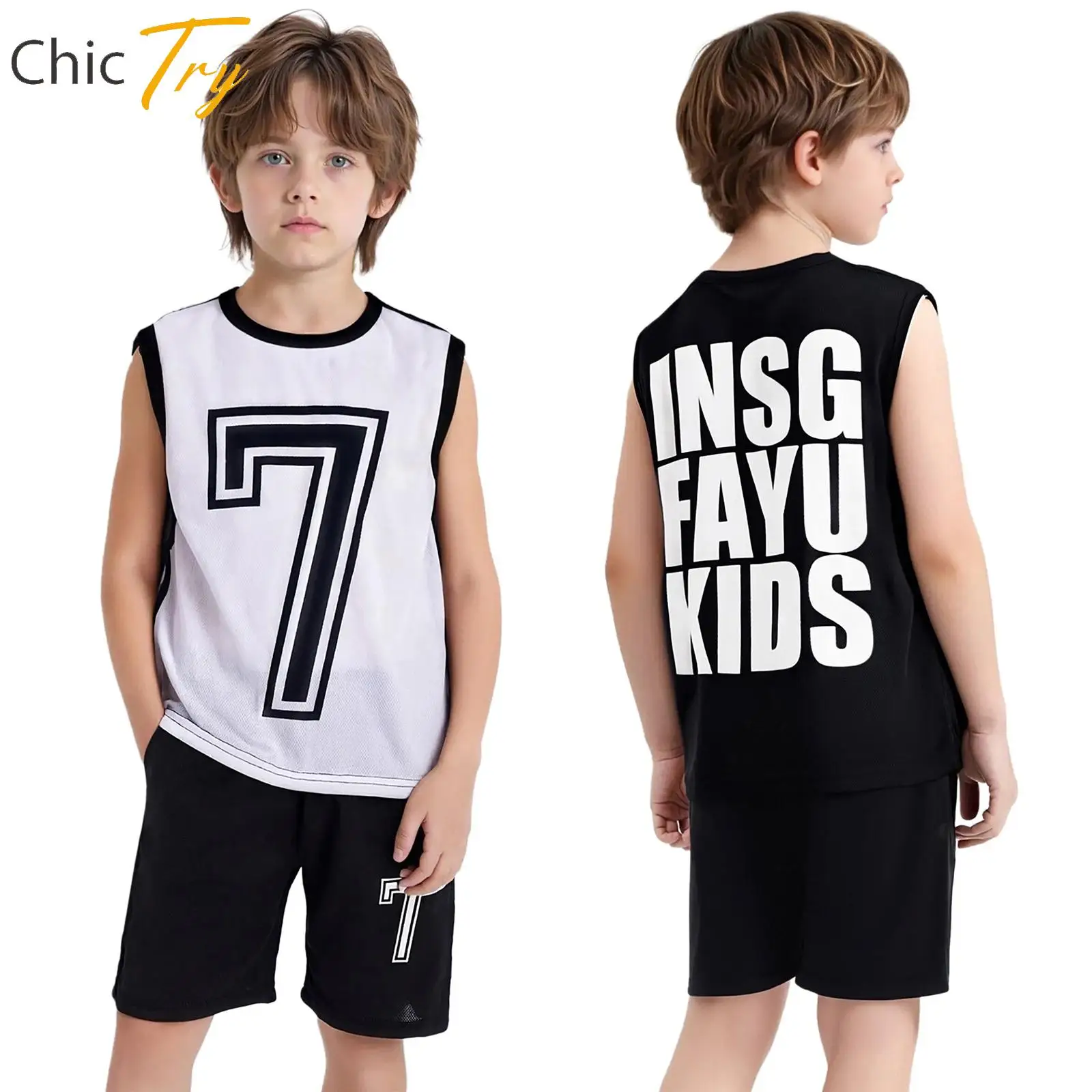 Boys Breathable Quickly Dry Basketball Training Outfit Sleeveless Stylish Printed Tank Top And Shorts for Football Competition
