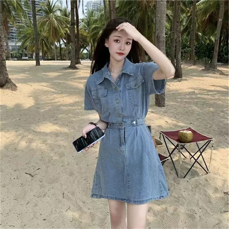 

Denim Dress Women's Spring And Summer 2024 New Fashion Solid Color Retro Design Sense Collar Waist Slim Short Sleeve Skirt Coat