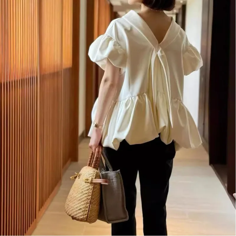 Japanese Sweet Puff Short Sleeve Patchwork Blouse Fresh Chic Solid Lace-up Shirts 2024 Summer New All-match Temperament Blusas