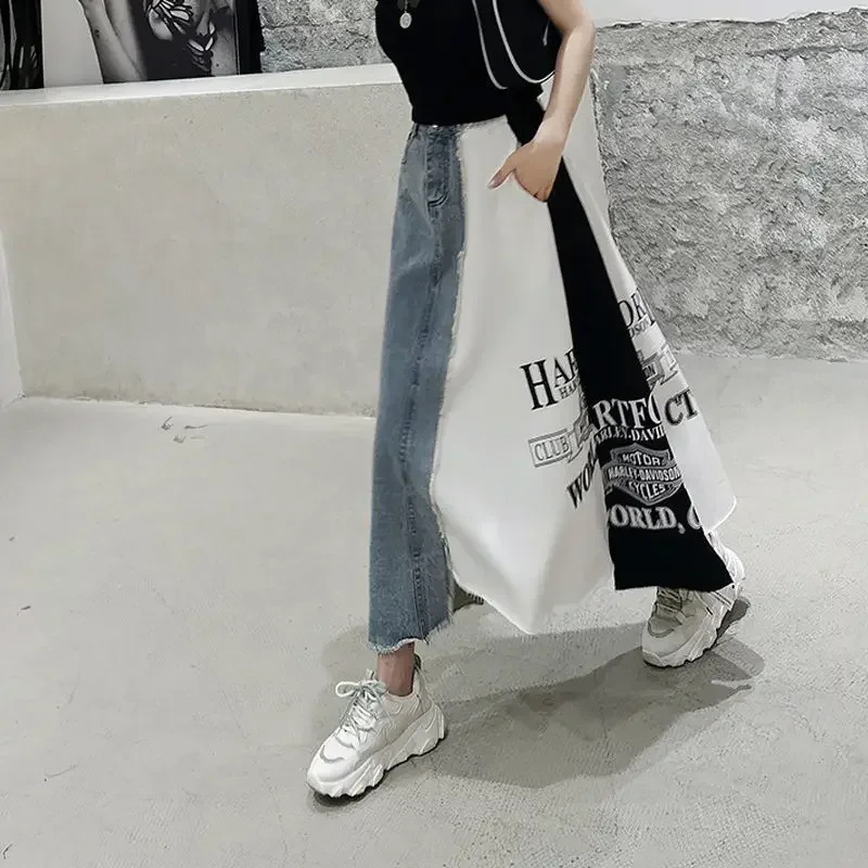 2025 Spring Autumn New Fashion Skirts Women Korean Loose Letter Printing Denim Skirt High Waist Mid-length Skirt