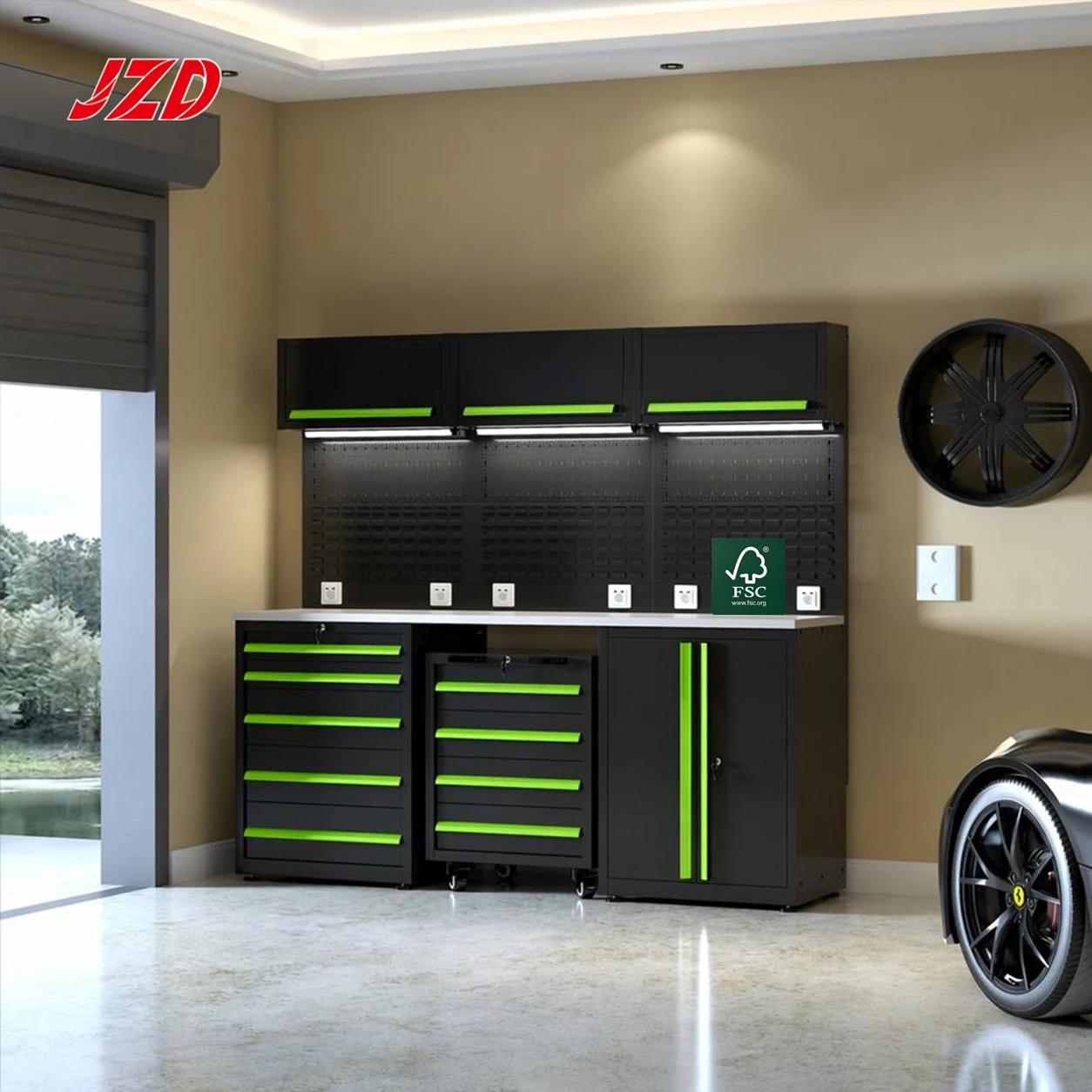 JZD Professional Lime Green Modular Garage Cabinet Set Heavy Duty Steel Workshop Storage Workbench With Rolling Tool Chest