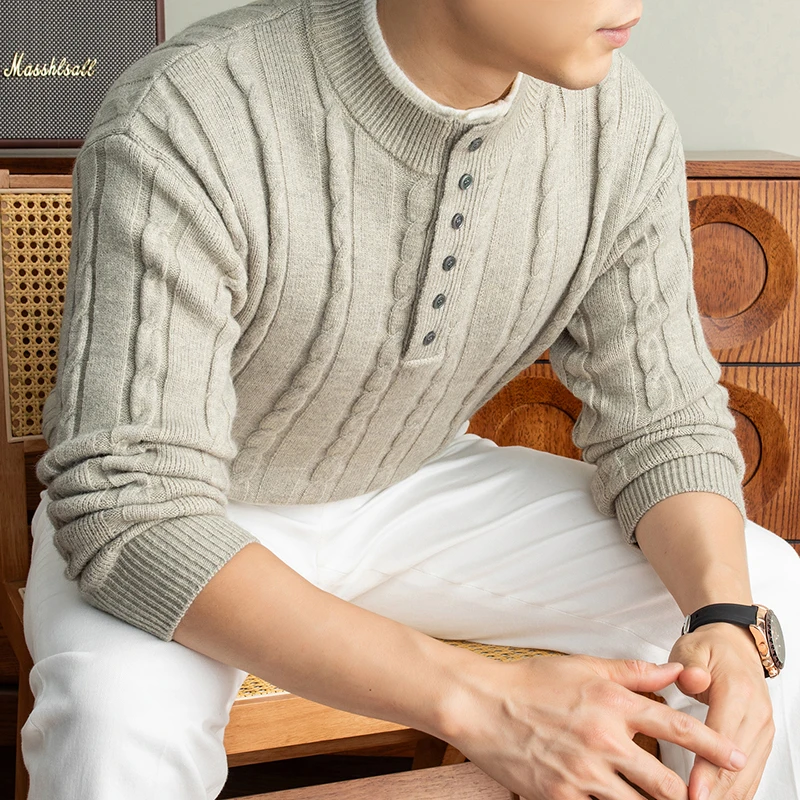 Fashion button double layered round neck knitted sweater men high-end jacquard soft thicken warm autumn winter casual pullover