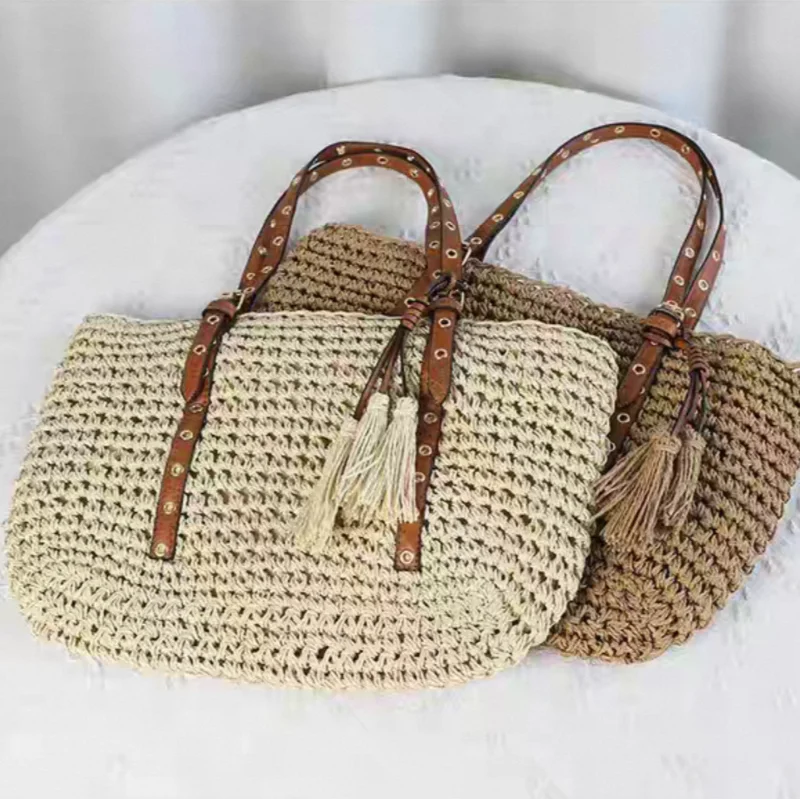 

Trendy Woven Shoulder Bag Tassel Simple Knitted Handbag Create Design Phoenix Eye Rope Underarmbag Large Capacity Square Totebag