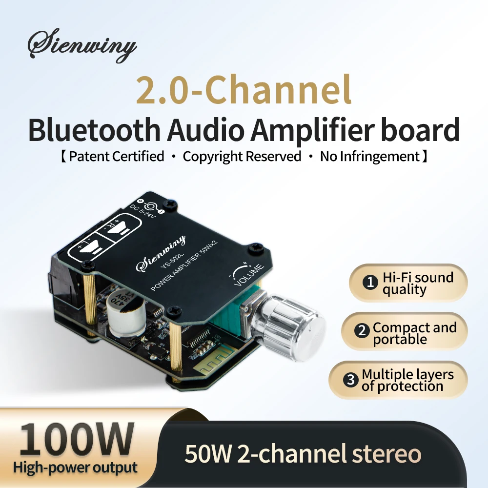 

YS-502L 2.0 Channel Bluetooth 5.1 Audio Amplifier Board, 100W Stereo Power Amp Module With AUX And Volume Control For Speakers
