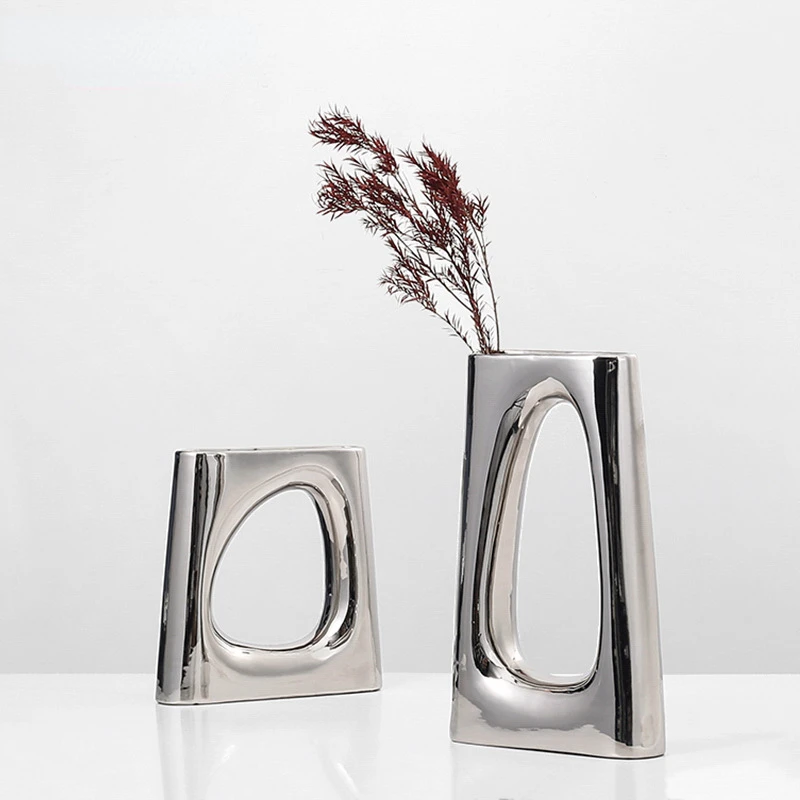 Modern Silver Plated Hollow Ceramic Vase Set Oval Cutout Geometric Dry Flower Container Living Room Table Decor