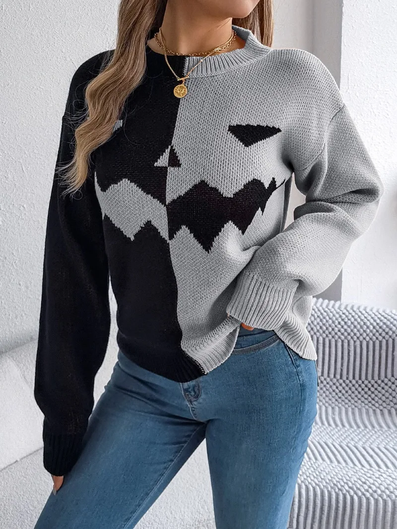 Casual Loose winter knit pullover Winter Women\'s Tops New Halloween ghost pumpkin patchwork contrasting long sleeve sweater