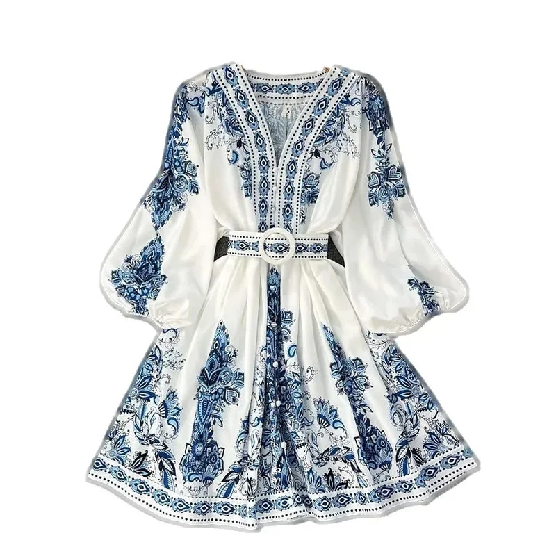 Frauen Bohemian Kleid 2025, Frühling Sommer Druck Lange Laterne Hülse V-ausschnitt Korsett Schlank Taste Plissee Kleid Frauen Urlaub Kleid