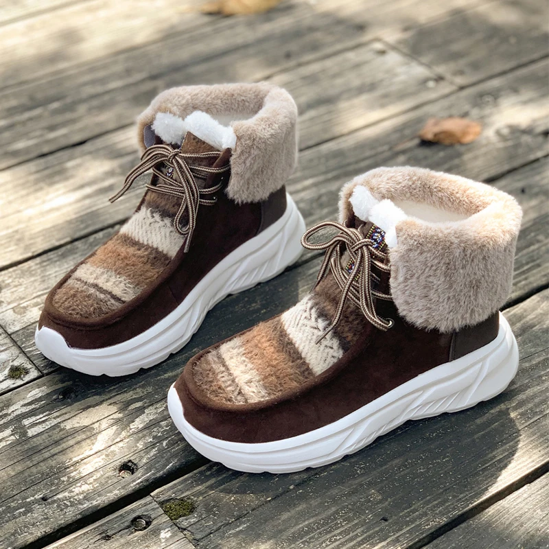 Nordic Style Woman Winter Wool Fleece Warm Boots Casual Lace Up Ankle Fur Shoes Ladies Outdoor Thick Plush High Top Sneakers