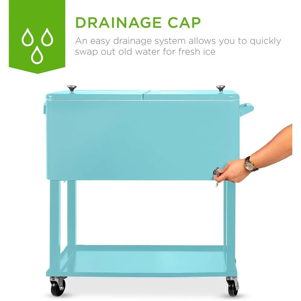 Outdoor 80-Quart Steel Rolling Cooler with Ice Chest, Bottle Opener, Tray, Drain and Locking Wheels