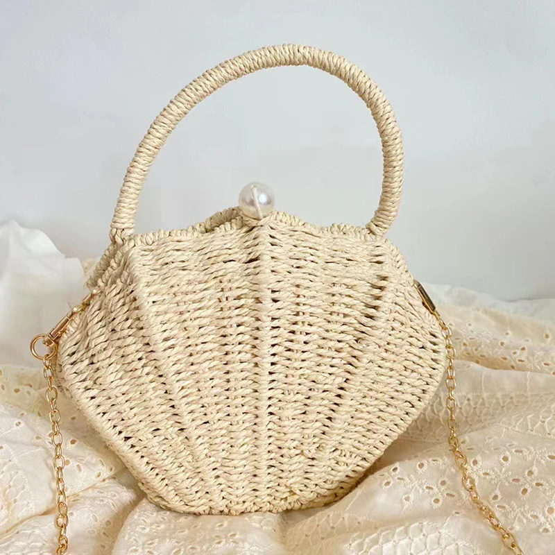Shell shaped chain small Messenger Bag rattan woven ins beach vacation mobile phone fashionable Crossbody bag beach Straw bag