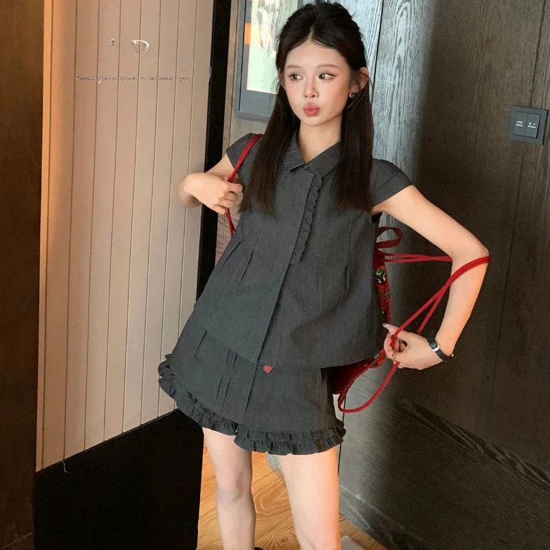 Korean Y2K Girls Skirt Suits Summer Short-sleeved Slim Shirts with Cute High Waist Mini Pleated Skirts Women Gothic Clothes