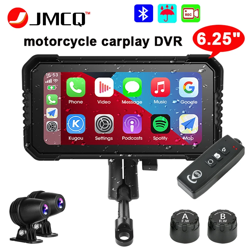 JMCQ 6.25 inch Motorcycle DVR Navigation IP67 Waterproof Wireless Carplay Portable Moto Monitor camera WIFI GPS Auto Dash Cam 