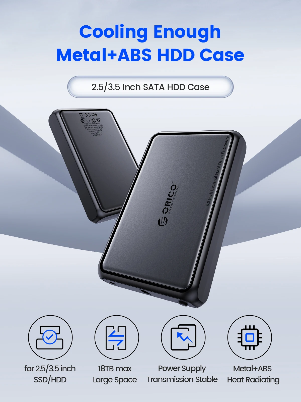 ORICO 3.5 인치 C 타입 하드 드라이브 인클로저, SSD HDD PC 노트북 금속 및 ABS 방열, 5Gbps SATA-USB3.0 USB3.1 HDD 케이스