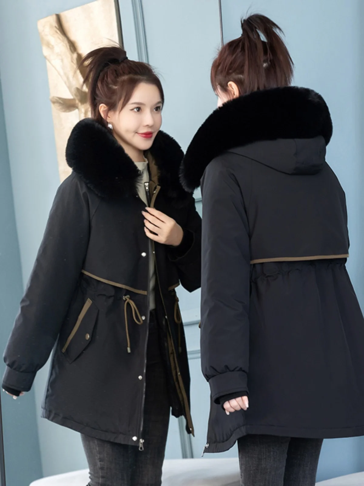 

Женская зимняя парка-пуховик во французском стиле, длинная, шелковистая, с кружевной отделкой, на шнуровке, с эластичным поясом, утепленная, на флисе