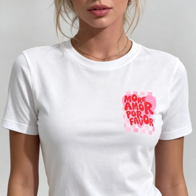 Women Standard Fit Modal Crew Neck Tee More Amor Por Favor Cute Heart Checkerboard Print Short Sleeve Casual Holiday Lady