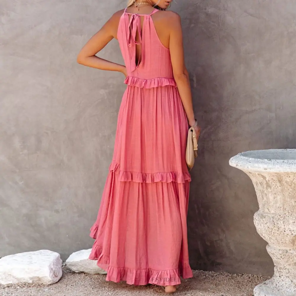 

Bohemian Style Women Ruffles Long Dress Sleeveless Solid Color Irregular Cake Skirt Layered design Loose Fit Beach Dress