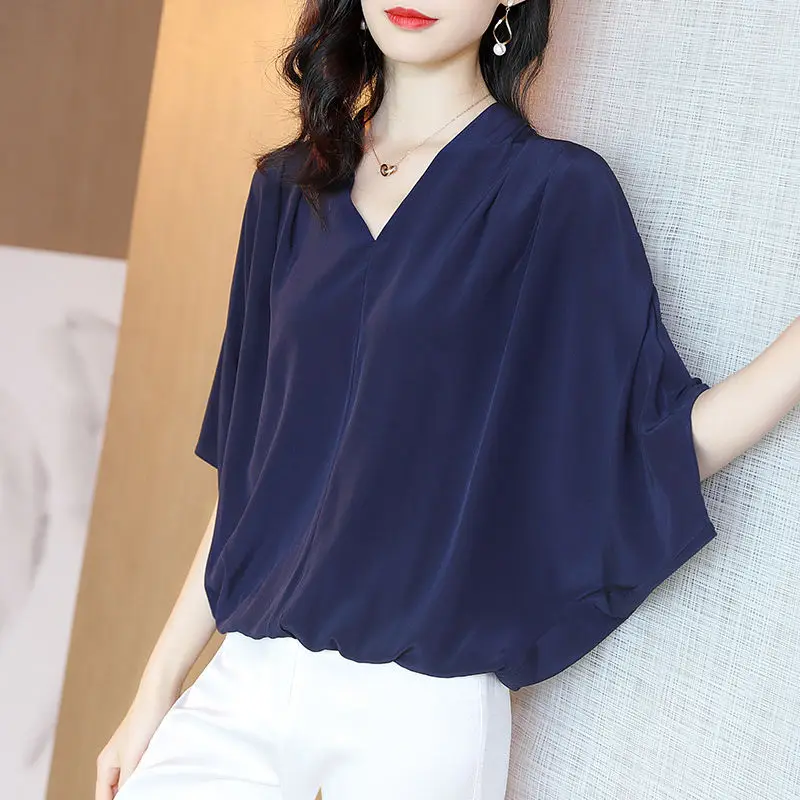 Elegant V-Neck Solid Color Batwing Sleeve Loose Blouse 2022 Summer New Office Lady Tops Oversized Casual Women\'s Clothing Shirt