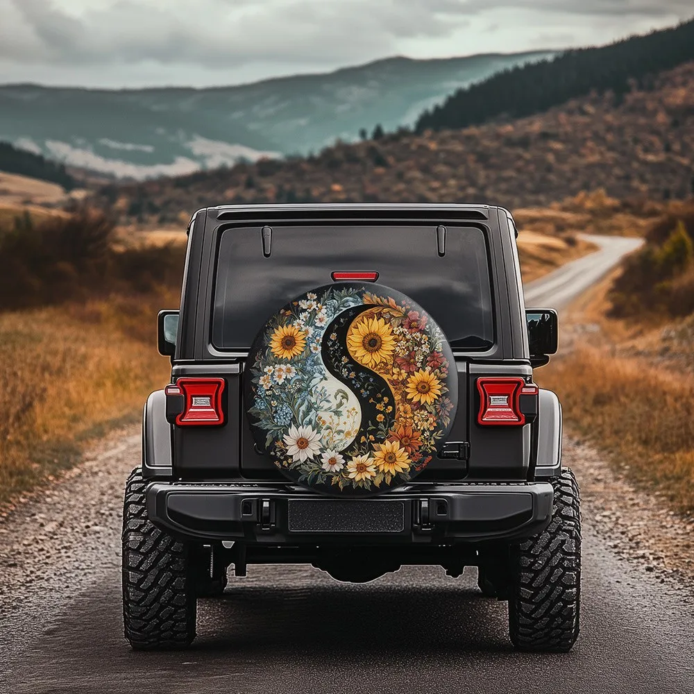 

Yin Yang Floral Spare Tire Cover Bohemian Sunflower SUV Off Road Wheel Protector