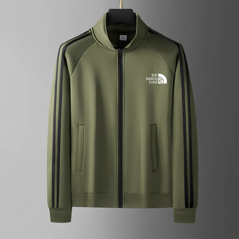 Men Casual Sports Jacket Stand Collar Full Zip 3 White Stripes Letter Graphic Print Long Sleeve Sportswear Male Training Daily