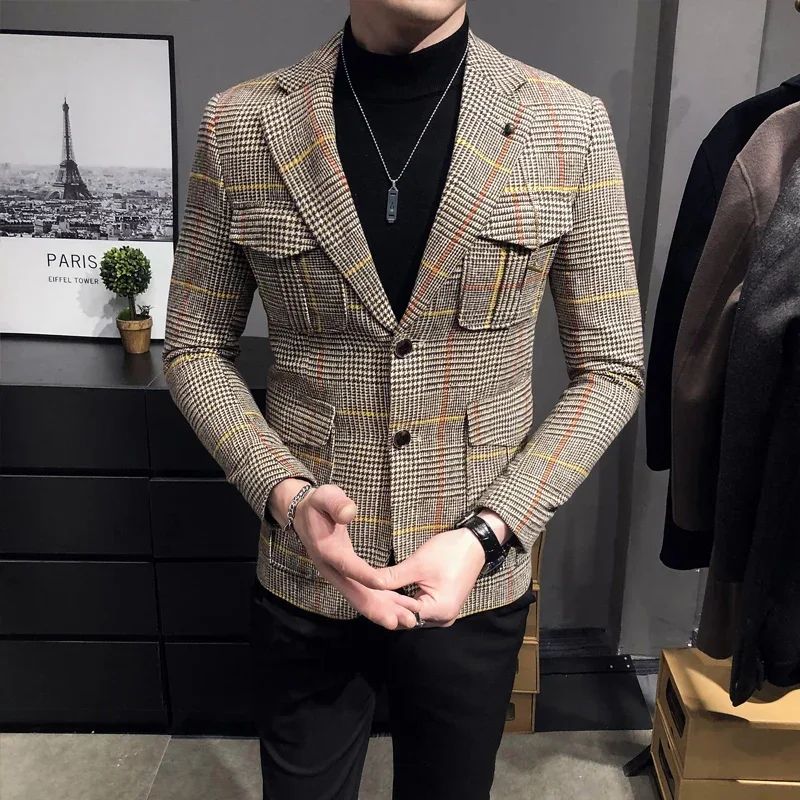 

2024 Spring Men Plaid Blazers British Printed Wedding Business Casual Blazer Suit Jacket Male Formal Blazers Plus Size S-3XL