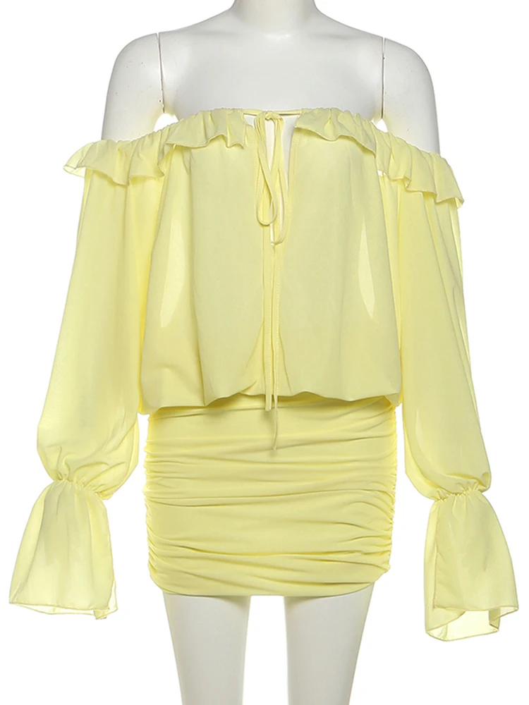 فساتين نسائية صغيرة فرنسية شبكية من Kliou فساتين عصرية متينة مكشوفة الأكتاف بأشرطة مطوي على الورك فستان نسائي شعبي للشارع