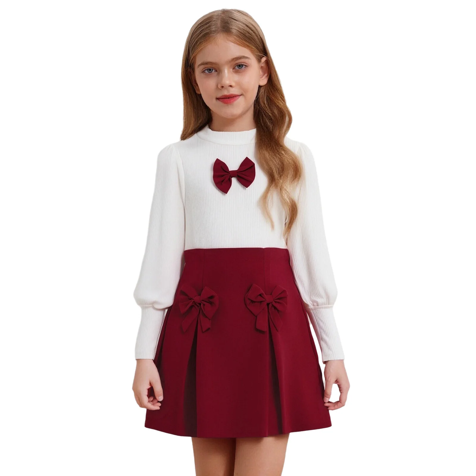 

Kids Girls Fashion Casual 2-Piece Set Sweet Long Sleeves Ribbed Top + Bowknot Skirt + Hat for Birthday Evening Party Clothes