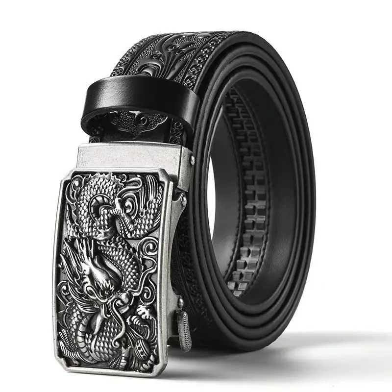 Echte Leder-Herrengürtel, modische und trendige Ledergürtel mit automatischer Schnalle aus Metalllegierung, lässiger Gürtel, geschnitzter Hosenriemen, Jeansgürtel, vielseitiger Gürtel für Herren. – Detail 2
