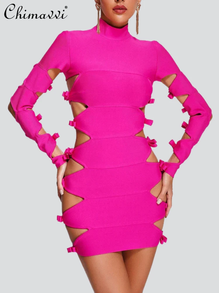 

New Fashion Long Sleeve Hollow-out Bow Hip-Exposed Sexy Mini Dress Rose Red Tight-fit Bandage Dress Women's Evening Dress