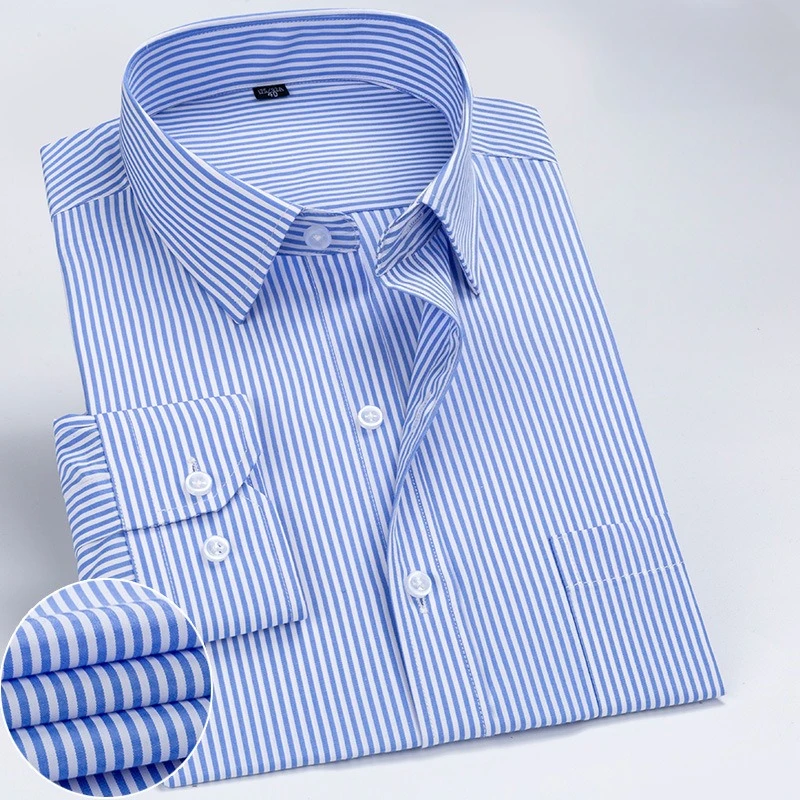 4XL Office White Shirt Men's Long-sleeved Fashion Classic Stripes Shirt Casual Single Pocket Long sleeve Shirts for Men Slim Fit