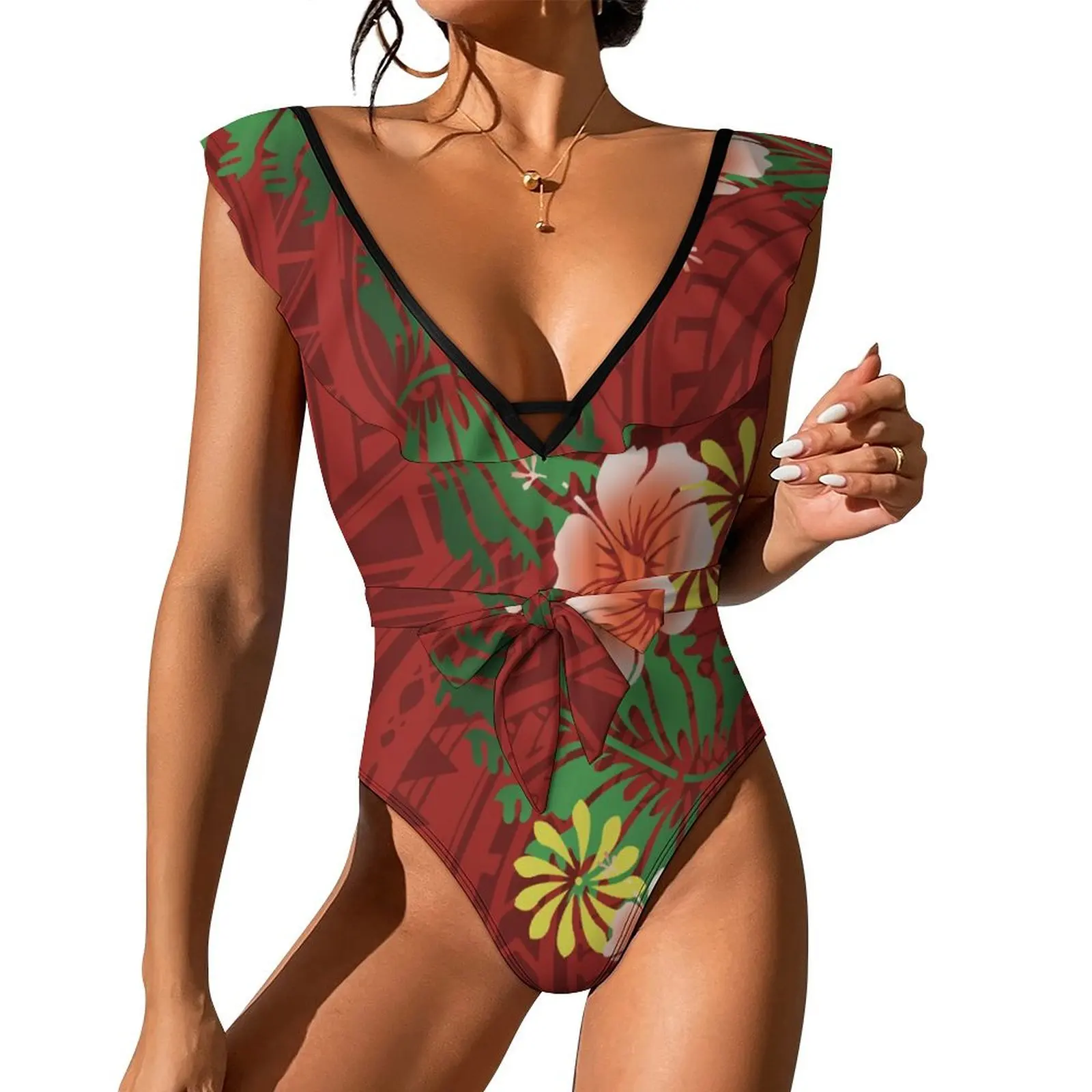 Hawaiian Vacation Swimwear Beach Sexy One-Piece Bikini Custom Polynesian Retro Floral Print Ethos Party Swimwear