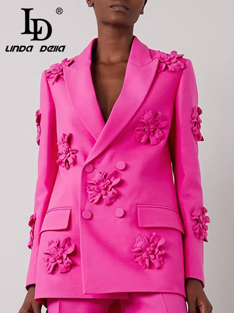 

LD LINDA DELLA Autumn and winter New Style Designer Coat Women's Pink Lapel Applique Double-Breasted Short Western Suit