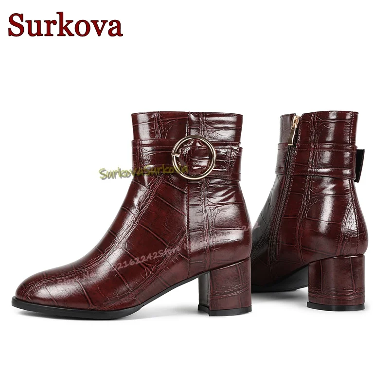 Reddish Brown Stone Pattern Genuine Leather Short Boots Round Head Thick Heel Belt Buckle Fashion Boots Casual Women'S Boots 47