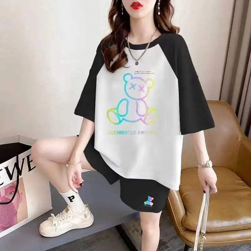 Women Summer Suit Fashion Loose Printing Large Size O-neck Short Sleeve T-Shirt Ladies Casual Appear Thin High Waist Shorts