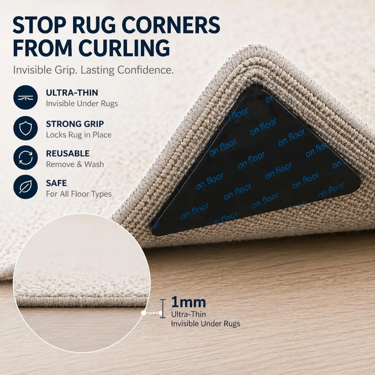 Carpet anti slip fastener, 12 piece set, hardwood tile laminated board anti slip, washable and reusable, keeps corners flat