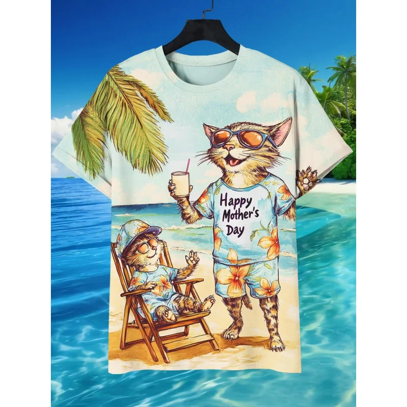 Beach Cat Graphic T-Shirt For Men Fun Gentleman Animal 3D Print Tees Summer Fashion Round Neck Tops Loose Short Sleeve T Shirts
